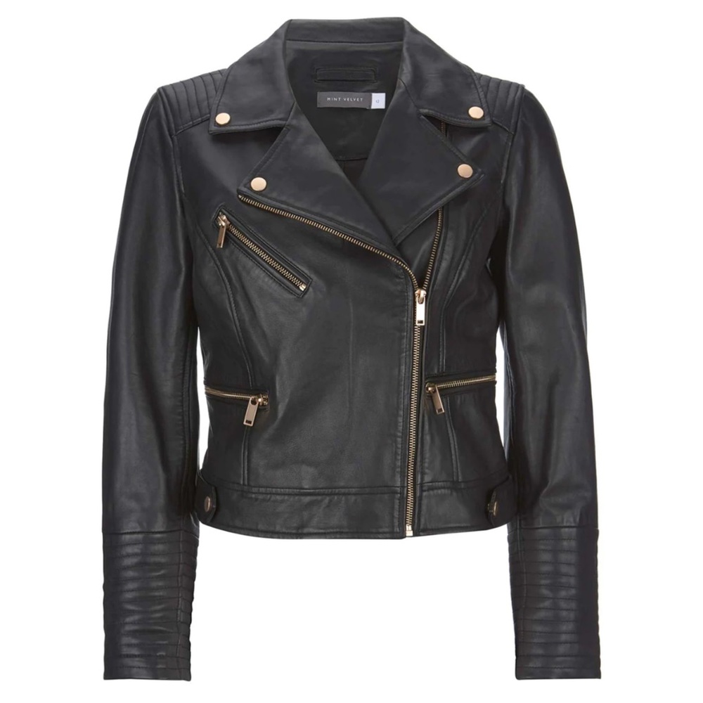 Mint Velvet Black Casual Leather Jacket (Gold Hardware)